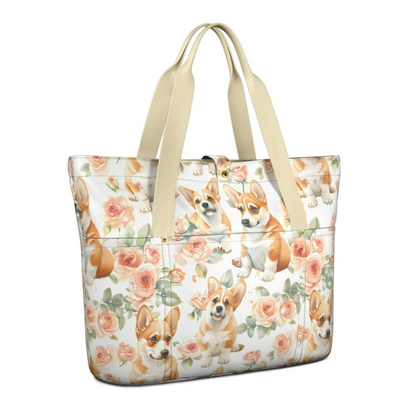 Tote Bag for Women - Corgi Dog and Flower Florals Shoulder Bag - Large Utility Work Duffle Bag with Zipper Handbag for Travel, Work, Sprots