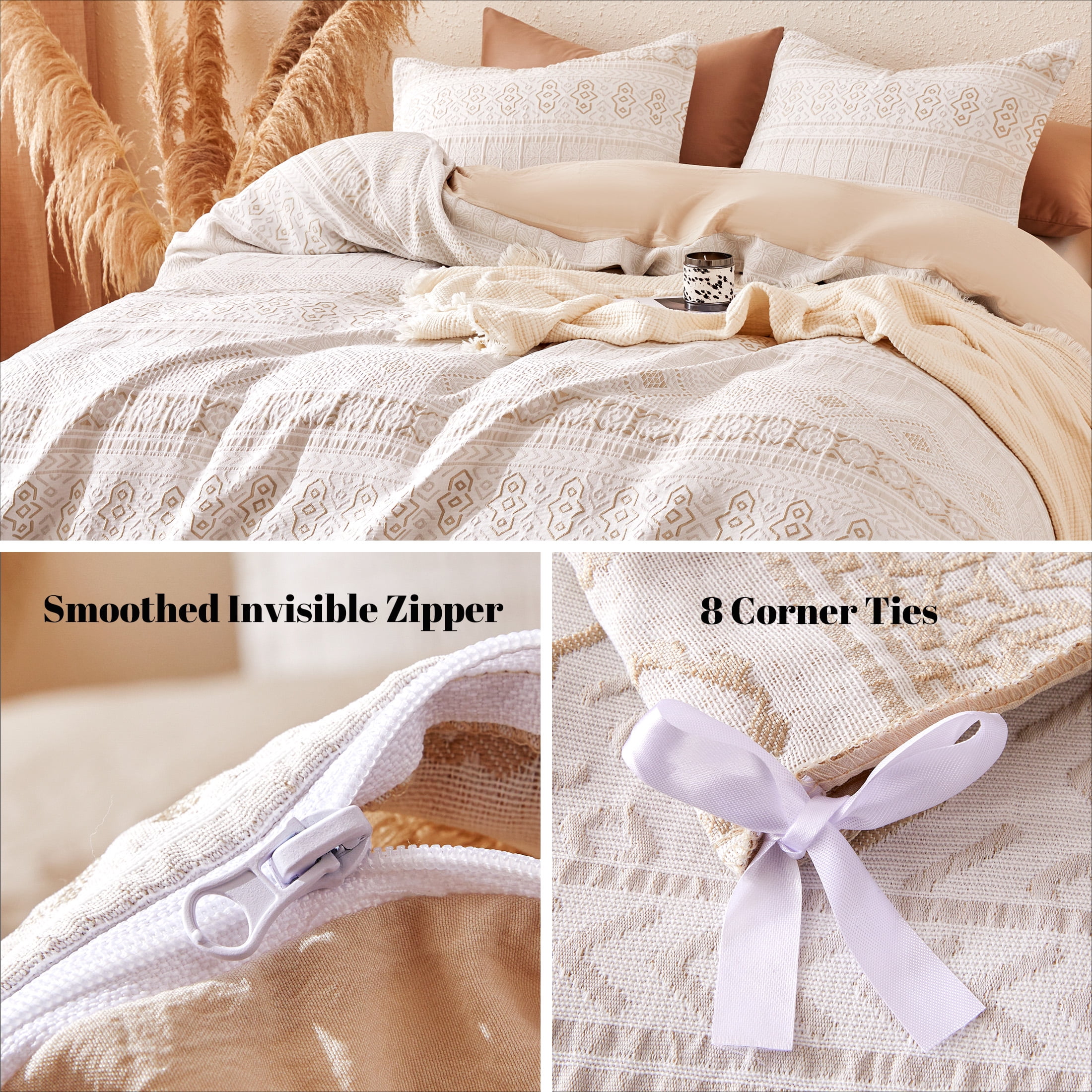 Sonive Boho Duvet Cover Set Modern Classic Beige Woven Jacquard Duvet Cover Set, Queen
