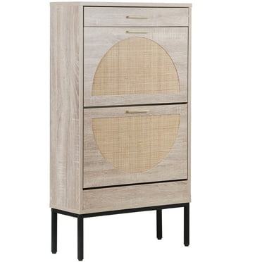 ZENSTYLE Shoe Storage Cabinet Shoe Rack Organizer with 2 Rattan Flip Drawers & Metal Legs