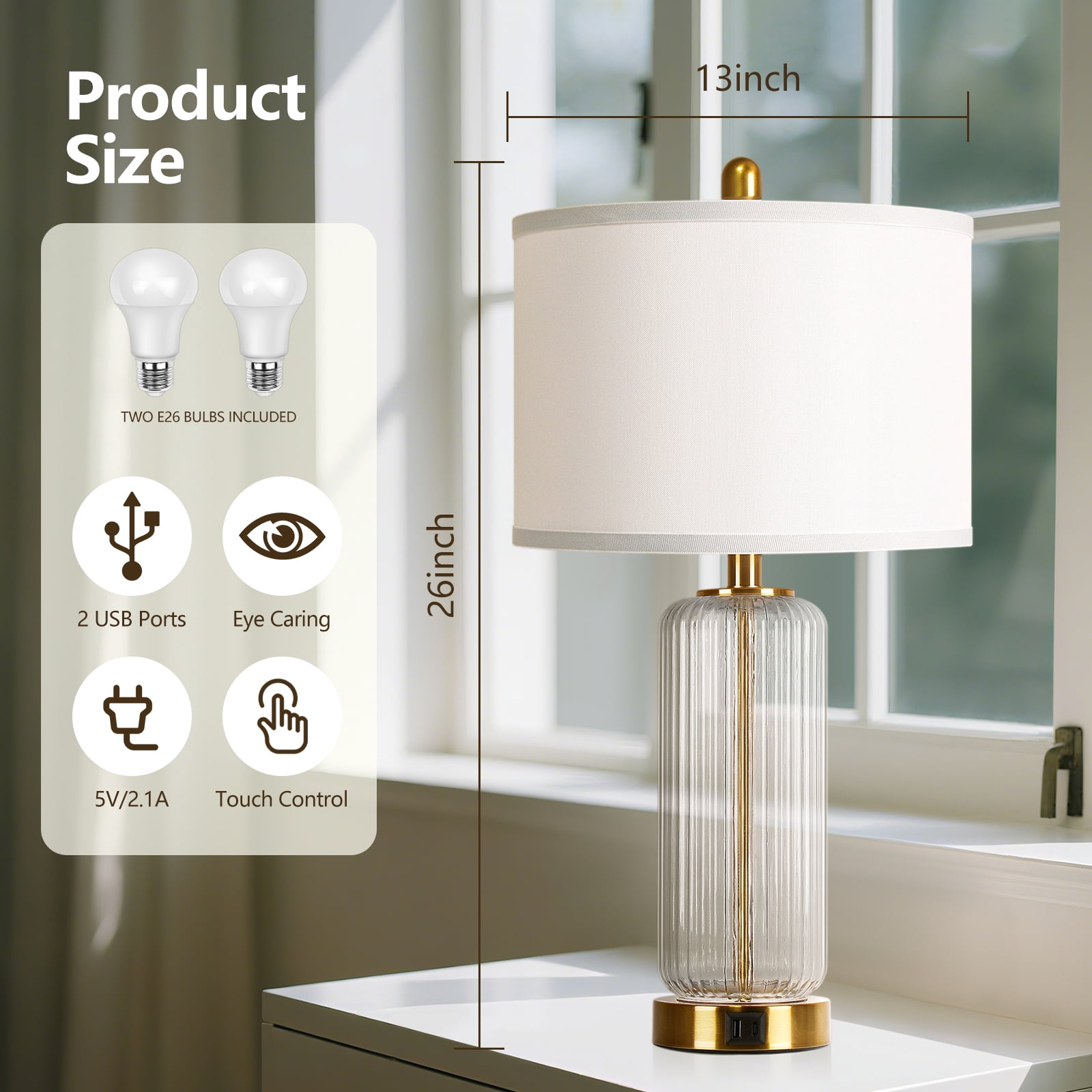27" Modern Glass Table Lamps with USB A+C Ports, Clear Bedside Lamps Desk Lamps for Bedroom