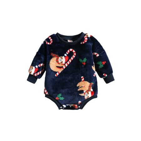 

Newborn Baby Girls Boys Christmas Romper Infant Santa Print Round Neck Long Sleeve Flannel Fall Winter Bodysuits