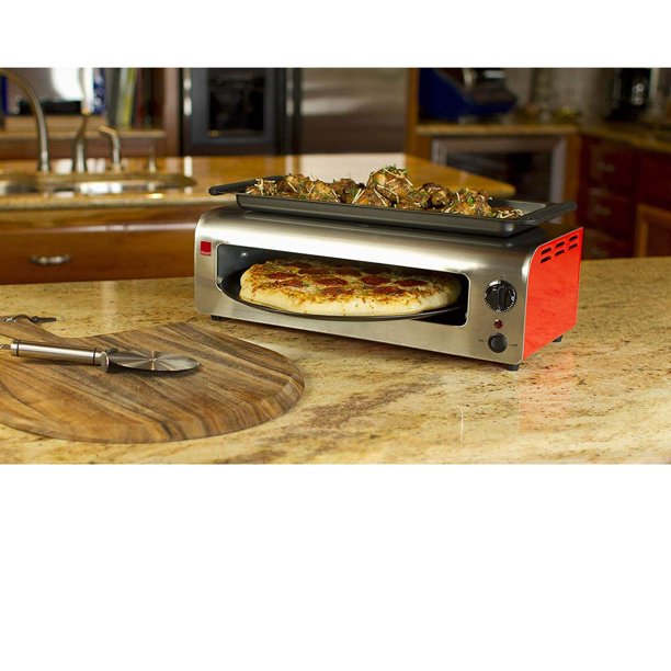 Ronco Pizza & More Rotating Pan Pizza Oven with Warming Tray, Red/Stainless