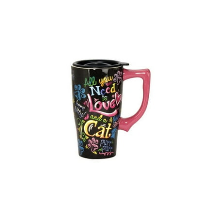 SPOONTIQUES 12731 16OZ  CERAMIC TRAVEL MUG  CAT