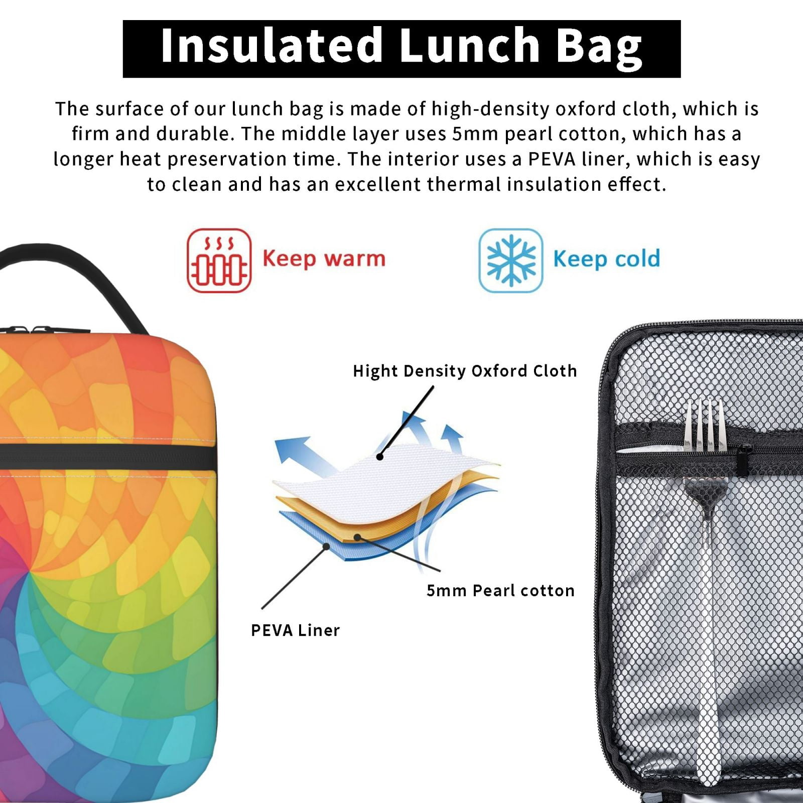 Lunch Bag For Women Men Insulated Portable Lunch Box Bento Box Office Picnic Travel Cooler Bag Mediumvioletred Tie Dye Background Rainbow Colors_2