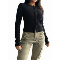 Women'S Slim Fitted Round Neck Cardigan Sweater Button Down Basic Knit Outerwear Black M