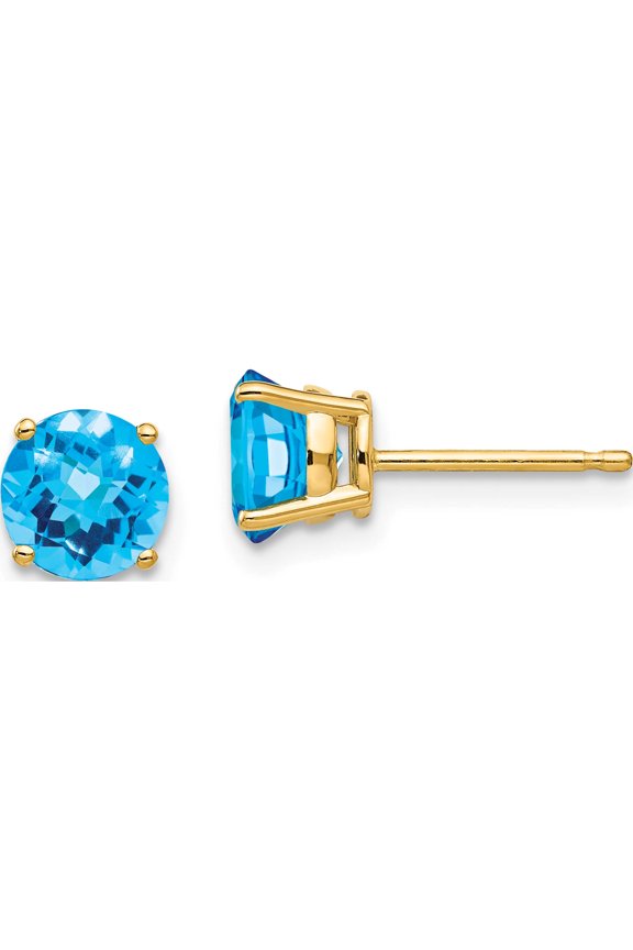 14K Yellow Gold 6mm Blue Topaz Checker Earrings (6 X 6) Made In United States xe73bc