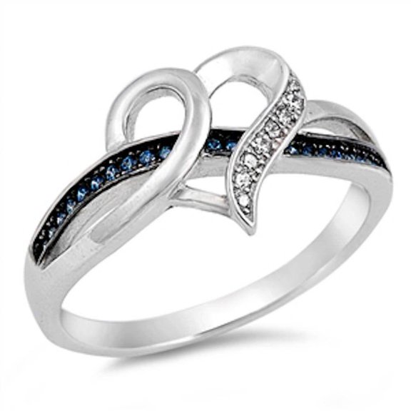 Simulated Sapphire & Clear CZ Open Heart Ring Sterling Silver Size 5