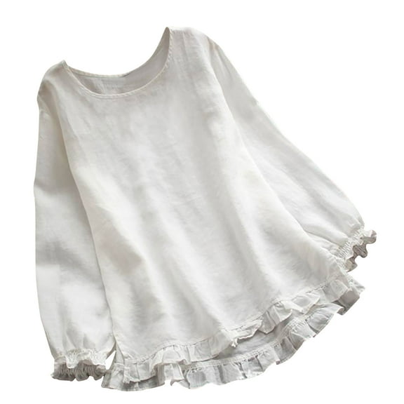 IROINNID On Sale Plus Size Shirts for Women Cotton Shirts for Women Comfortable Solid Color Long Sleeve Shirt Loose Round Neck Top,White