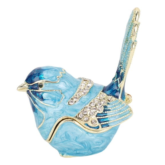 Bird Hinged Jewelry Trinket Box with Crystals Blue Metal Enamel Decorative Figurine Case Holder for Necklace Rings Earring Blue 7 x 6 in / 17.8 x 15.2 cm