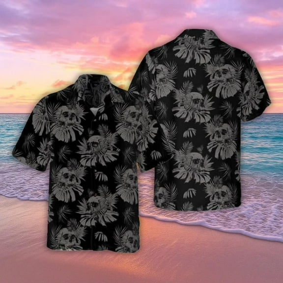 Gothic Skull With Butterfly Hawaiian Shirt, Halloween Skull Button Shirt, Aloha Tee, Summer Vacation Shirt