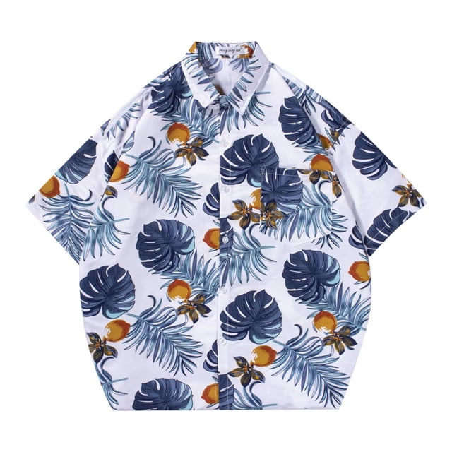 Camisas Y s Camisa de vestir vintage con botones de manga corta hawaiana de playa con estampado floral suelto para hombre (Silver, M)