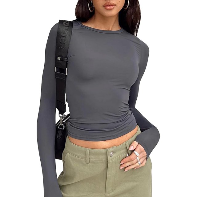 Camisa de manga larga ajustada para mujer, camisetas Y2K, camisetas de manga larga, camisetas cortas con cuello redondo, camisetas cortas básicas lisas, camisetas deportivas casuales, ropa