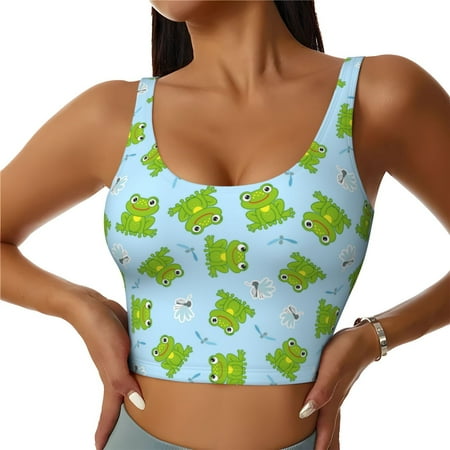 Sports Bras for Women - Funny frogs dragonfly blue Seamless Yoga Bra Workout Crop Top with Removable Pads