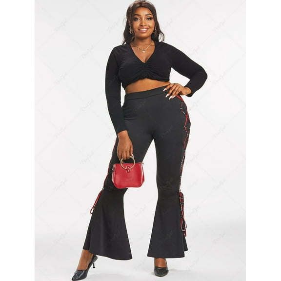 Plus Size Lace Up High Rise Bell Bottom Pants