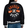 thumbnail image 3 of Women's Starter  Black Anaheim Ducks Printed Round Team Logo Satin Varsity Full-Snap Jacket, 3 of 3