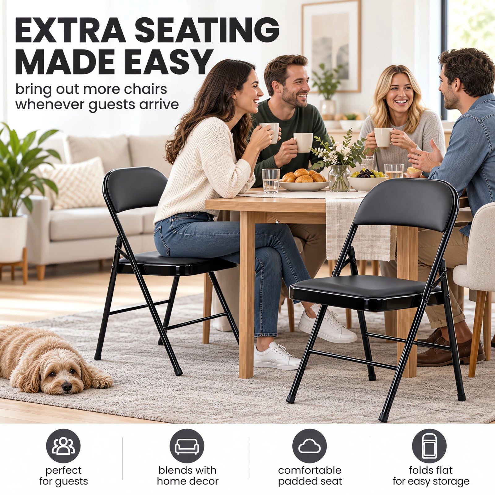 Telyra 4 Pack Folding Chairs Leather Padded Seat and Backrest Foldable Metal Chairs for Indoor Outdoor Use,Black
