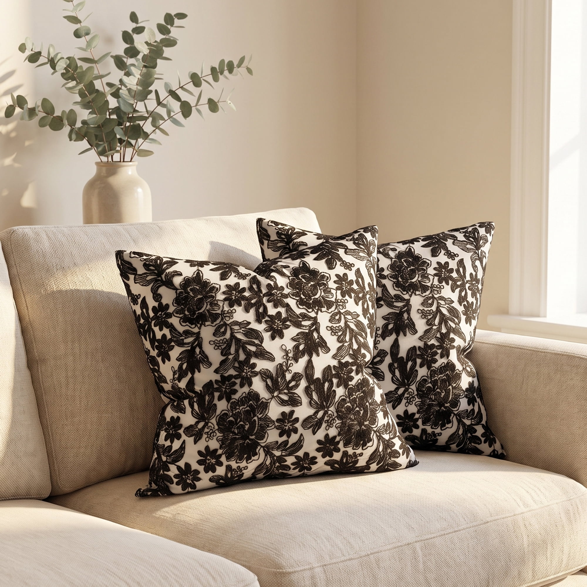 Unique Bargains Elegant Vintage Floral Throw Pom-Pom Pillow Covers Black 18" x 18"