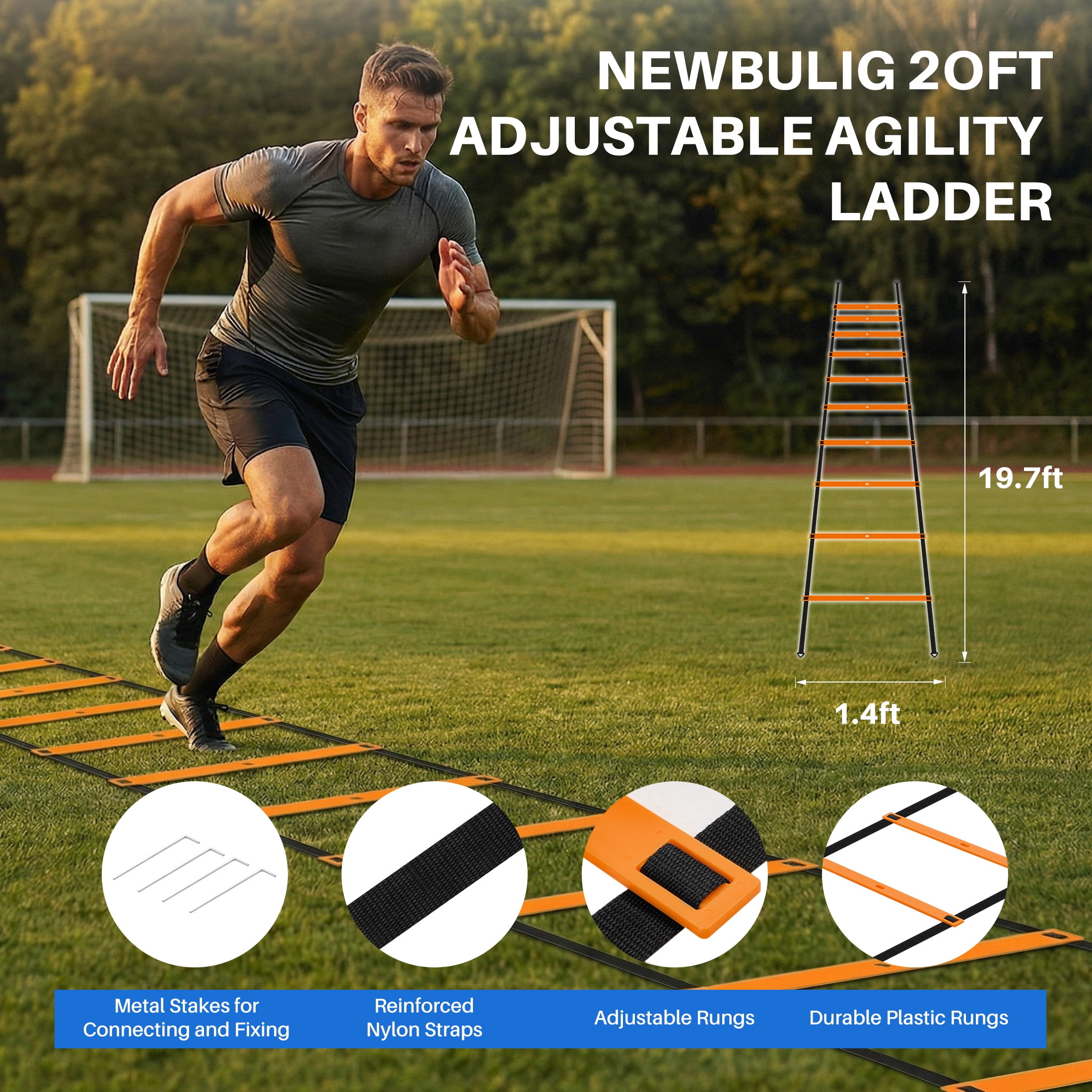 EDX Agility Ladder Speed Training Set - Adjustable Fitness Ladder for Footwork, Coordination & Agility Drills Indoor Outdoor, Orange