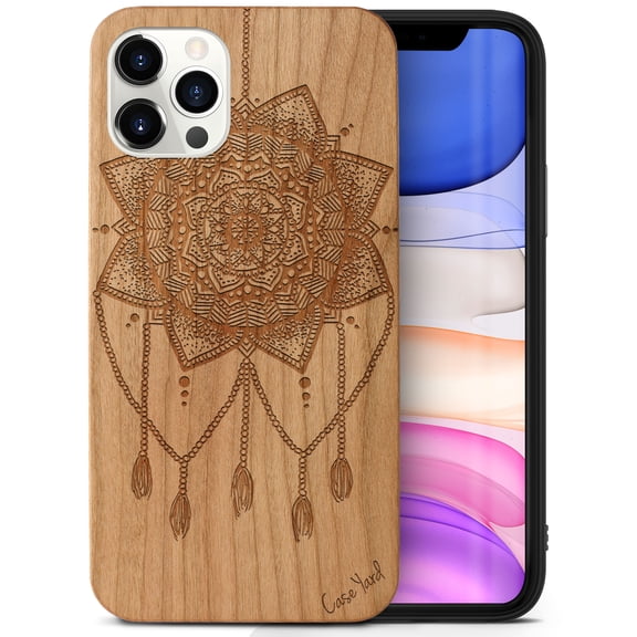 Case Yard Wooden Case Outside Soft TPU Silicone Slim Fit Shockproof Wood Phone Cover for Girls Boys Men and Women Supports Wireless Charging Small Dream Catcher Design case for iPhone-12/12-Pro