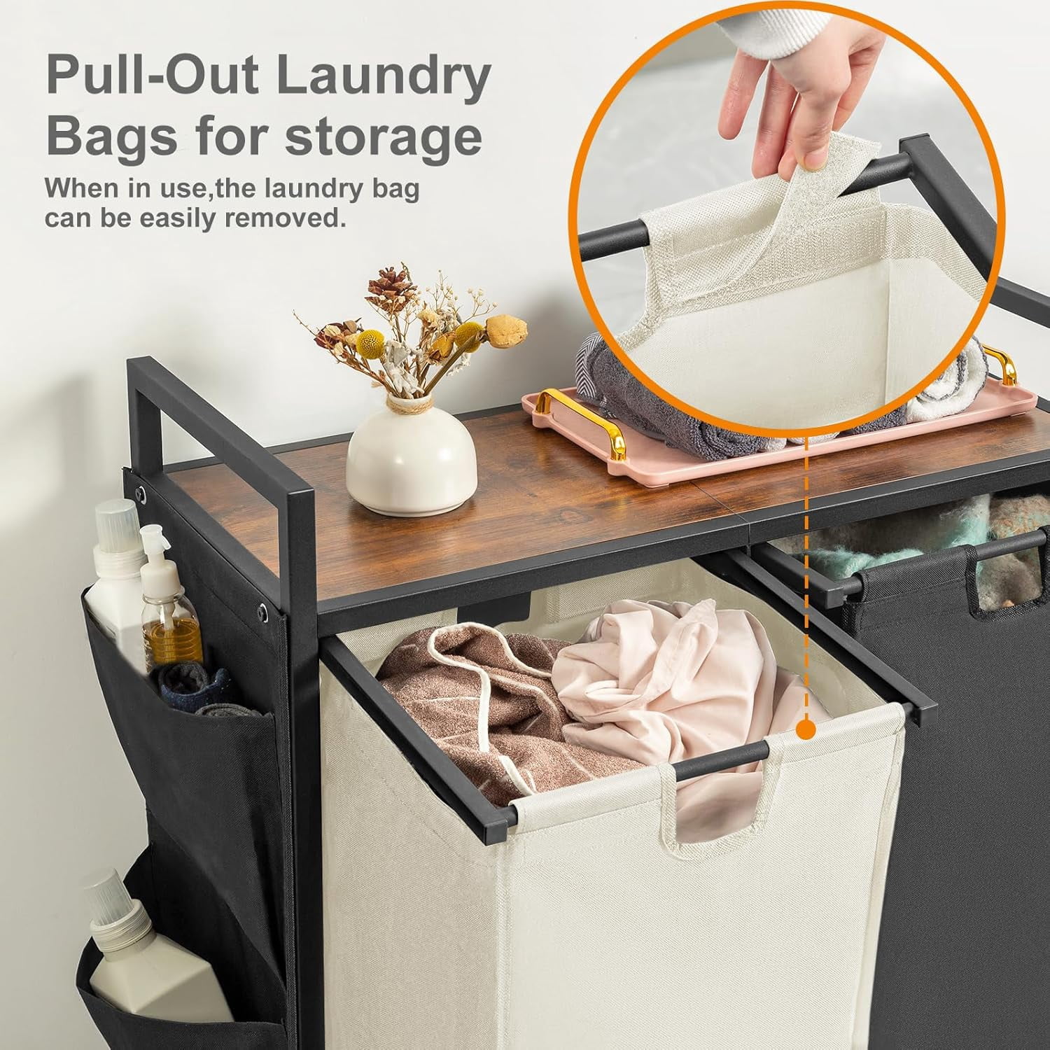 Double Laundry Hamper with Lid,Rolling Laundry Basket Organizer with Wheels, Iron-Made Laundry Sorter with Top Shelf and 2 Removable Bags,Large Clothes Storage for Room,Black and Beige