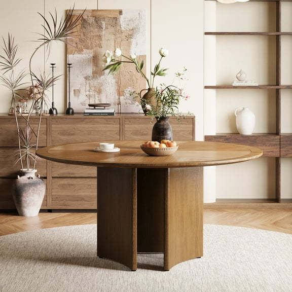 NessCarsti Round Dining Table for 4-6, Solid Wood Veneer, Walnut, 59.05", Modern Design