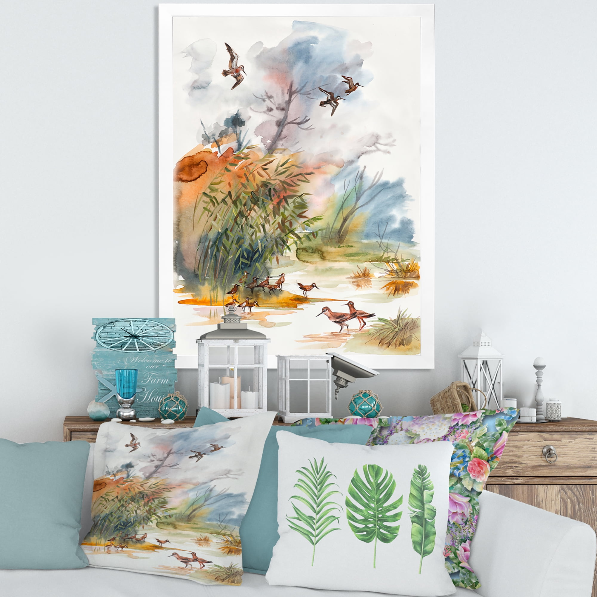 Designart 'Flying Over The Water With Autumn Landscape' Traditional Framed Art Print
