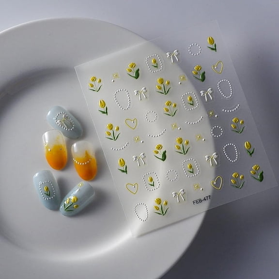 2 Sheets 5D Nail Art Water Transfer Stickers Decals Emboss Flower for Nail Art Decorations Yellow 9.5x8cm Yellow