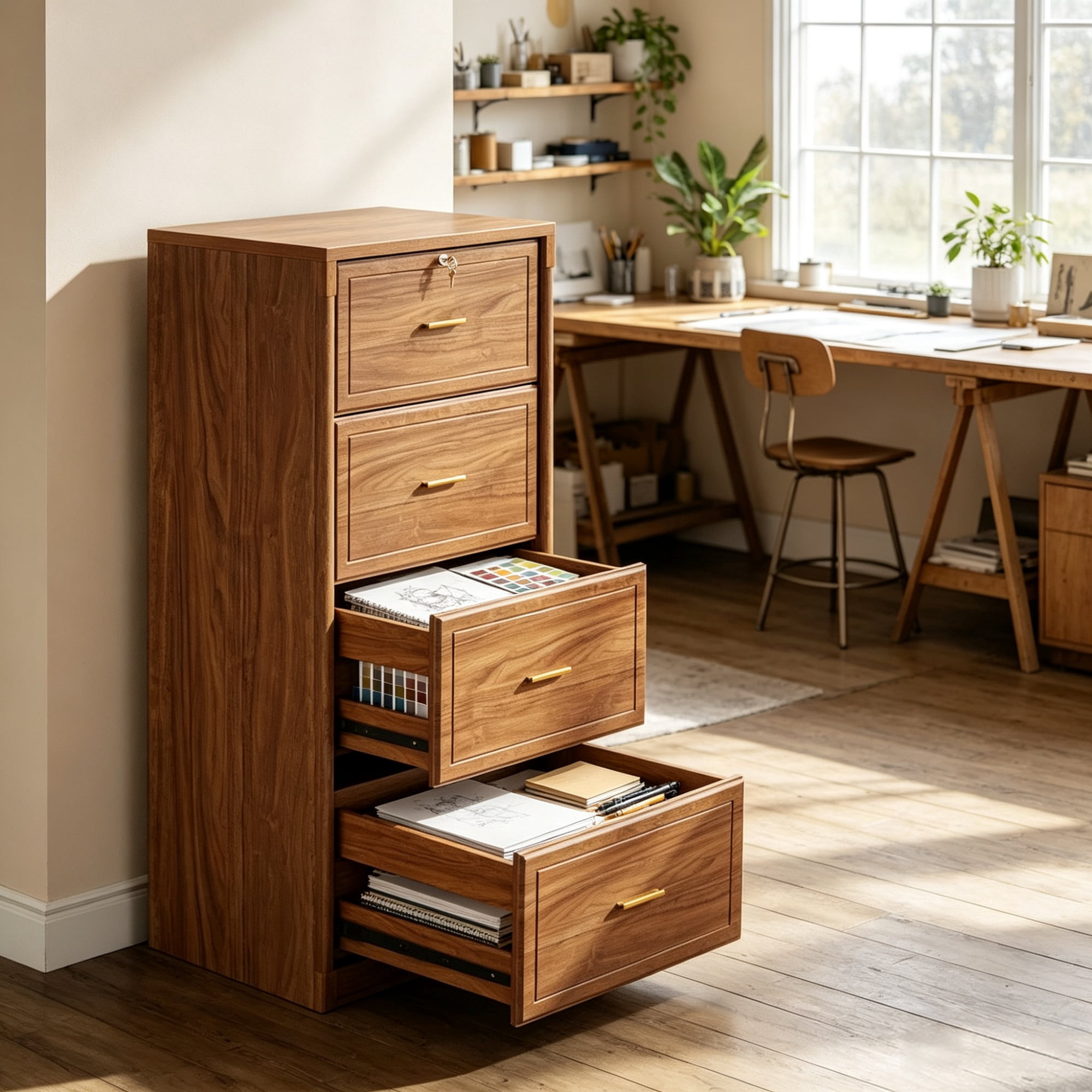 Astoutdoor Vertical File Cabinet with 4 Storage Drawers, MDF Office Filing Cabinet, 54.92 in Long