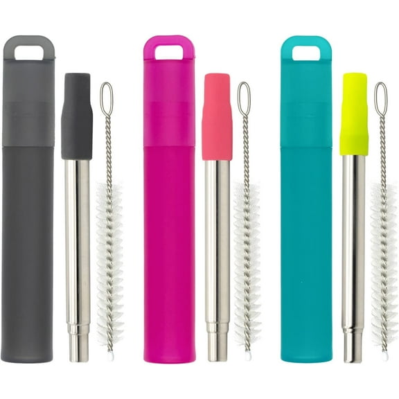 Metal Reusable Straws, 3 Pack Collapsible Portable Stainless Steel Straws, with Plastic Housing Silicone Tips and Cleaning Brush, Retractable Portable Pocket Drinking Straws