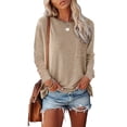 thumbnail image 4 of Endives Women's Long Sleeve Shirt Spring Basic Tee Round Neck Split Casual Loose Top T Shirt Outerwear T-Shirt with Pocket Spring Khaki, 4 of 7