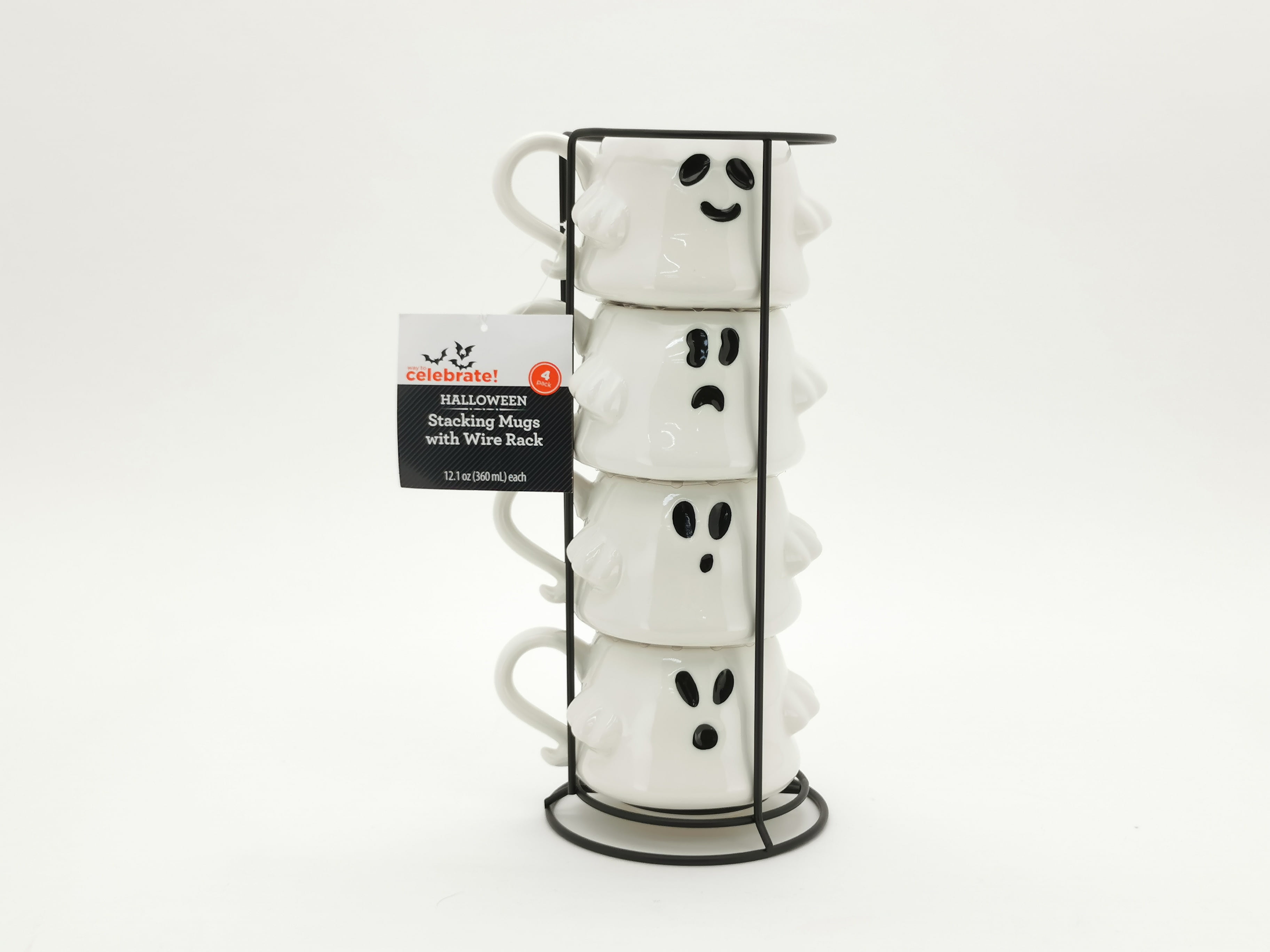 Way to Celebrate! Ghost Mug Stack, 12 fl oz Stoneware, Black and White