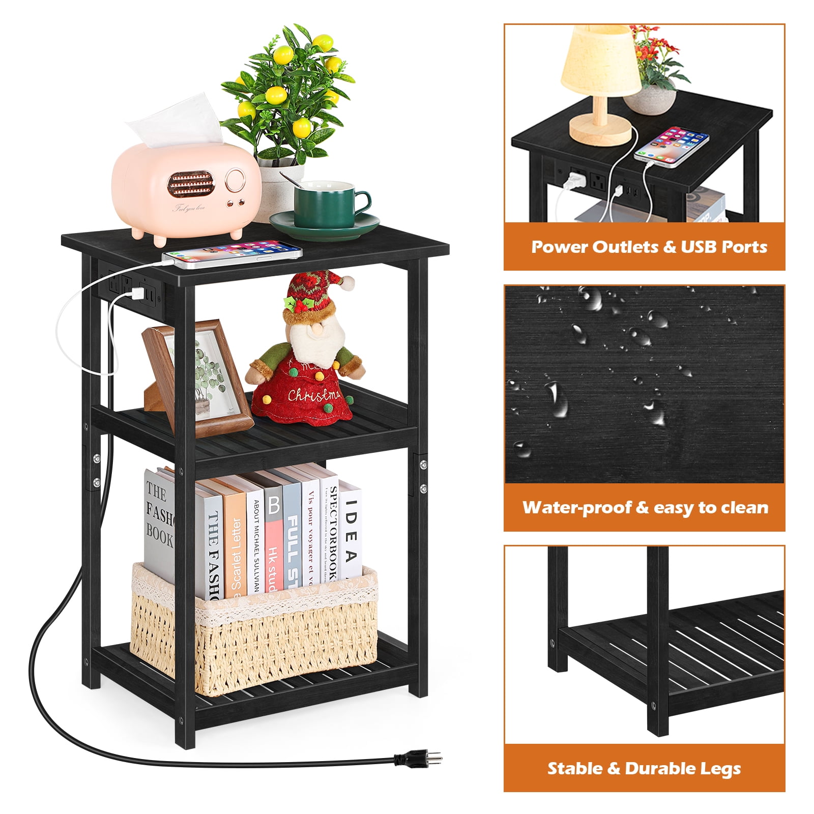 Black Bamboo Nightstand with Charging Station, 3鈥慣ier Open Shelf End Table for Bedroom Living Room