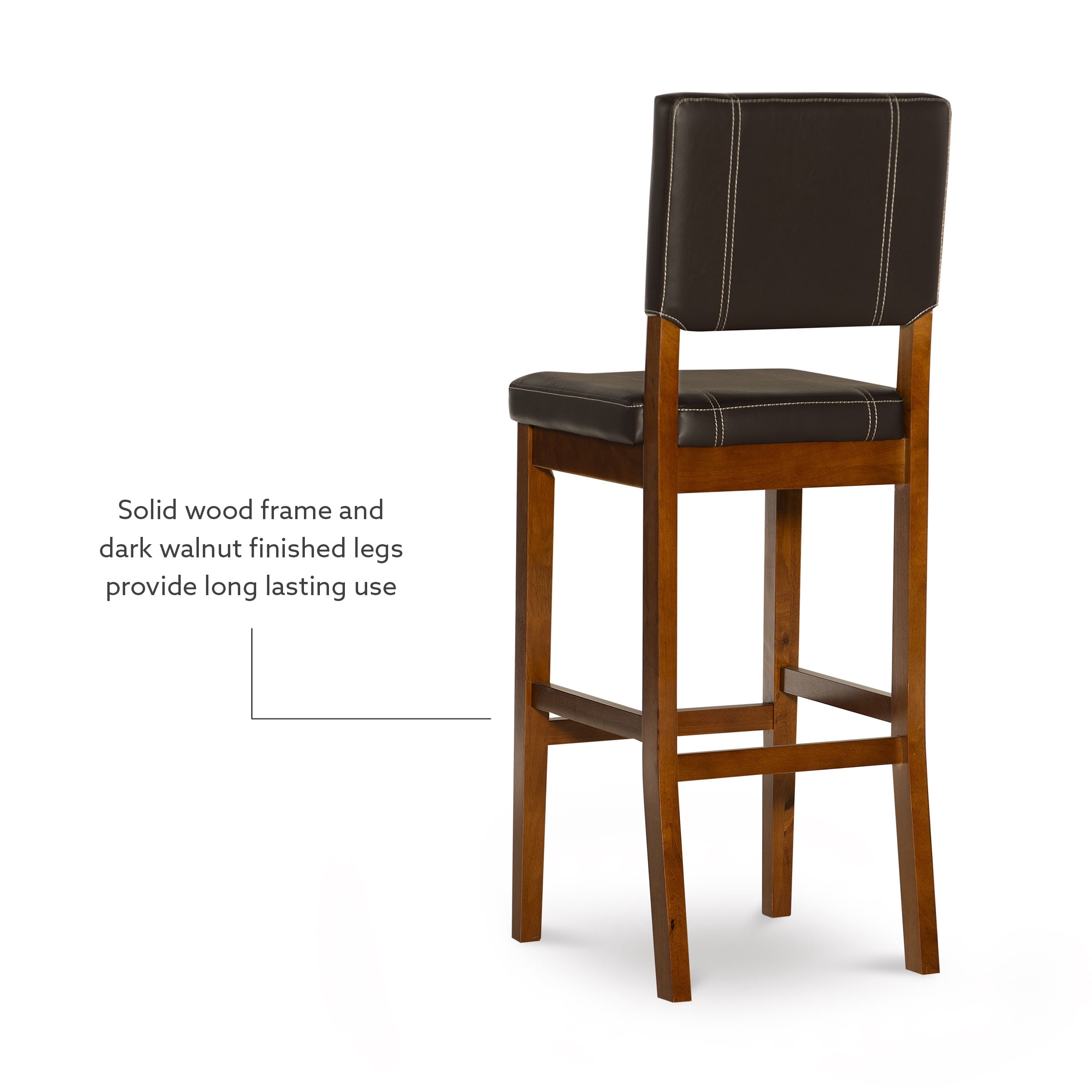 Linon 30" Milano Indoor Padded Bar Stool, Medium Dark Walnut/Dark Brown Faux Leather