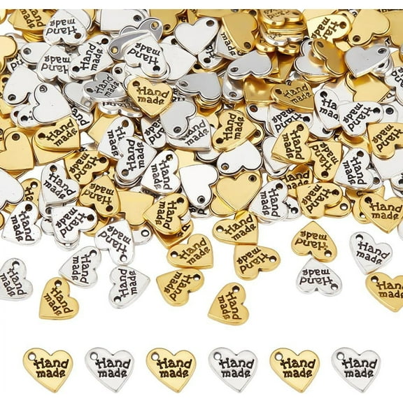 240 Pcs Handmade Heart Charm Silver Gold Heart Shaped Word Message Charm Pendant Alloy Message Bead Pendants Accessory for DIY Bracelet Necklace Jewelry Making Findings colorful DIY