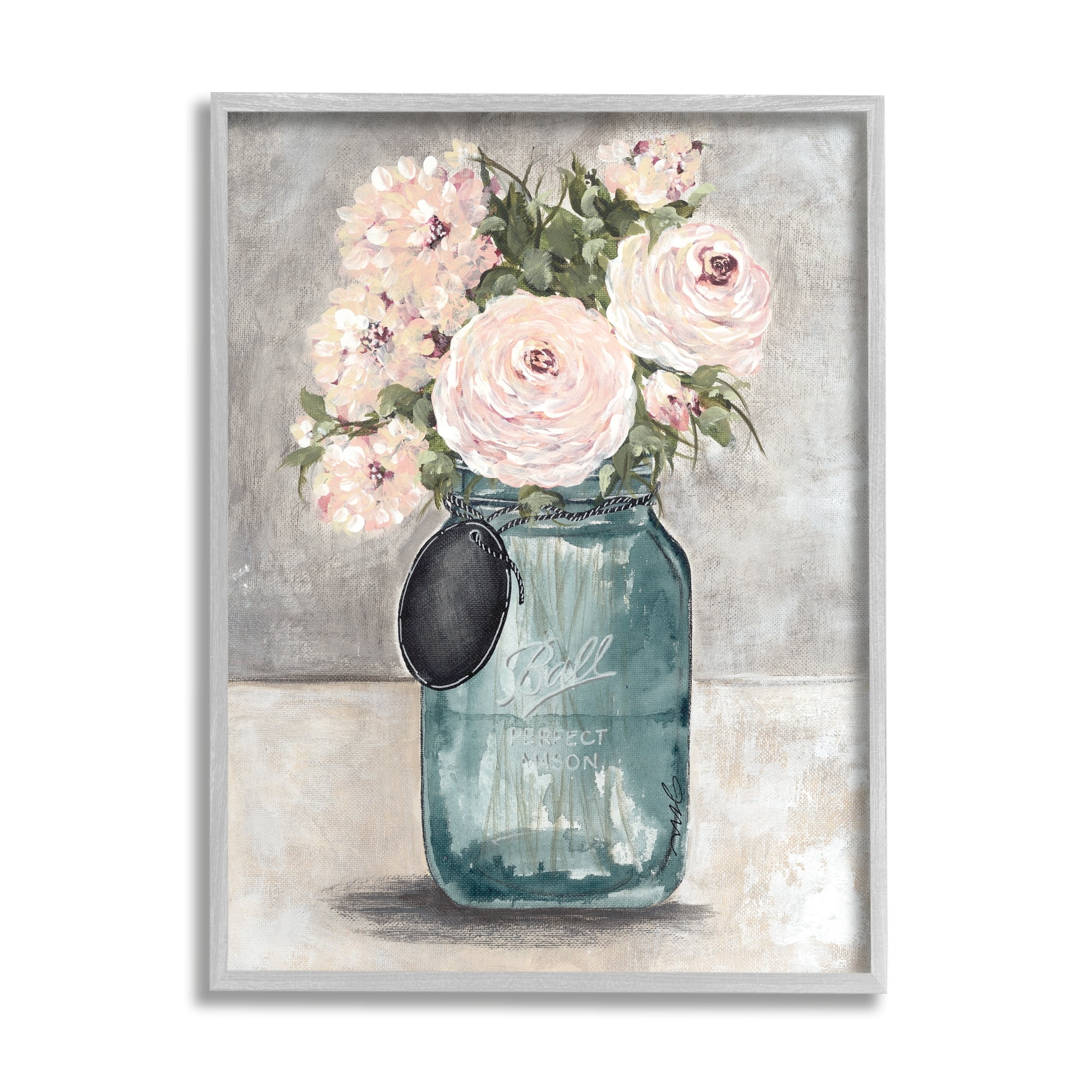 Stupell Industries Round Pink Blossoms Rustic Country Jar Vase Painting Gray Framed Art Print Wall Art, Design by Julie Norkus