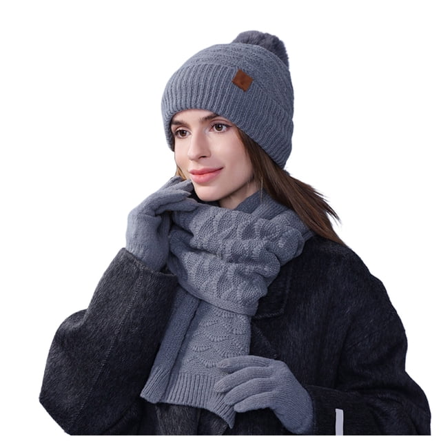 MIASHUI Chapeau d'Hiver, Foulard et Gants Ensemble Trois Pièces Chaud, Ensemble Foulard pour Femmes, Foulard pour Temps Froid, Foulard Décontractée Grise