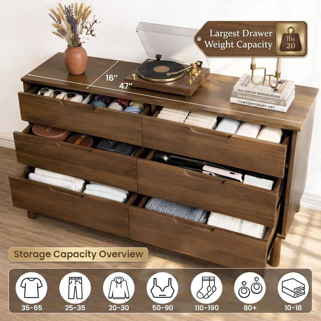 VLTALOOM  47" Wide 6-Drawer Dresser, Mid-Century Modern Wooden Double Dresser for Bedroom, Dark Walnut Wood Grain Large Horizontal Storage Chest for Living Room with Anti-Tip Kit