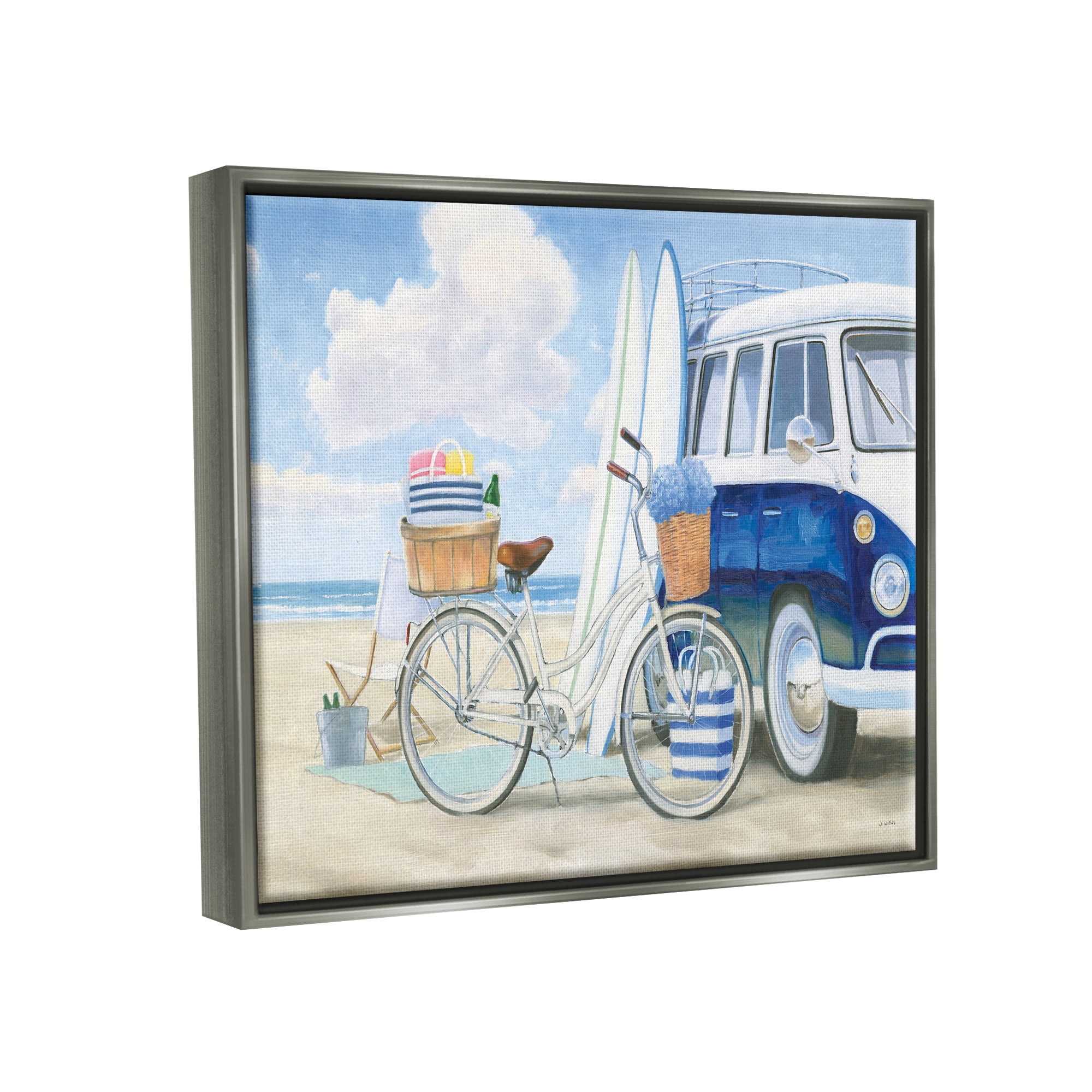 Stupell Industries Bike and Van Beach Nautical Blue White Painting Luster Gray Framed Floating Canvas Wall Art, 24x30, by James Wiens