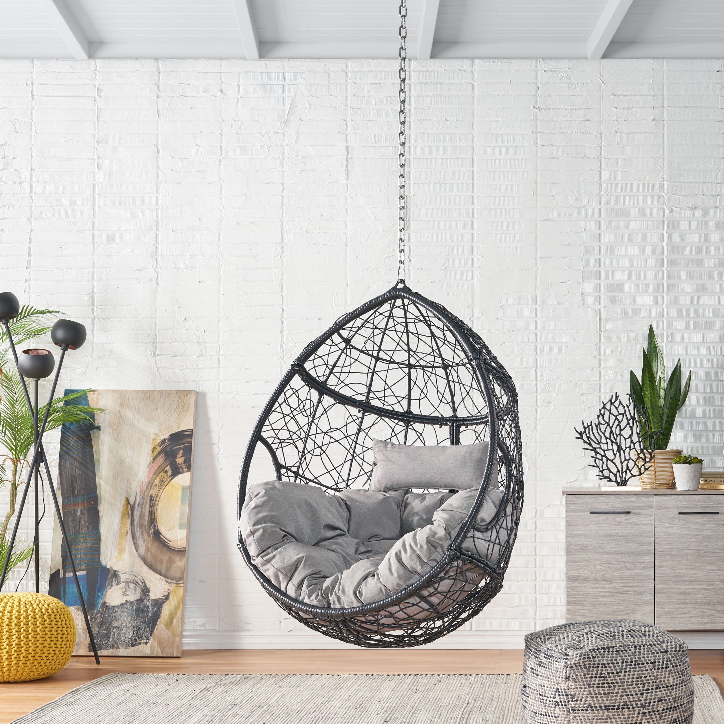 Outdoor Teardrop Shaped Hanging Chair with 8ft Chain, Wicker Weave Suspended Leisure Seat for Patio Garden, Brown and Beige