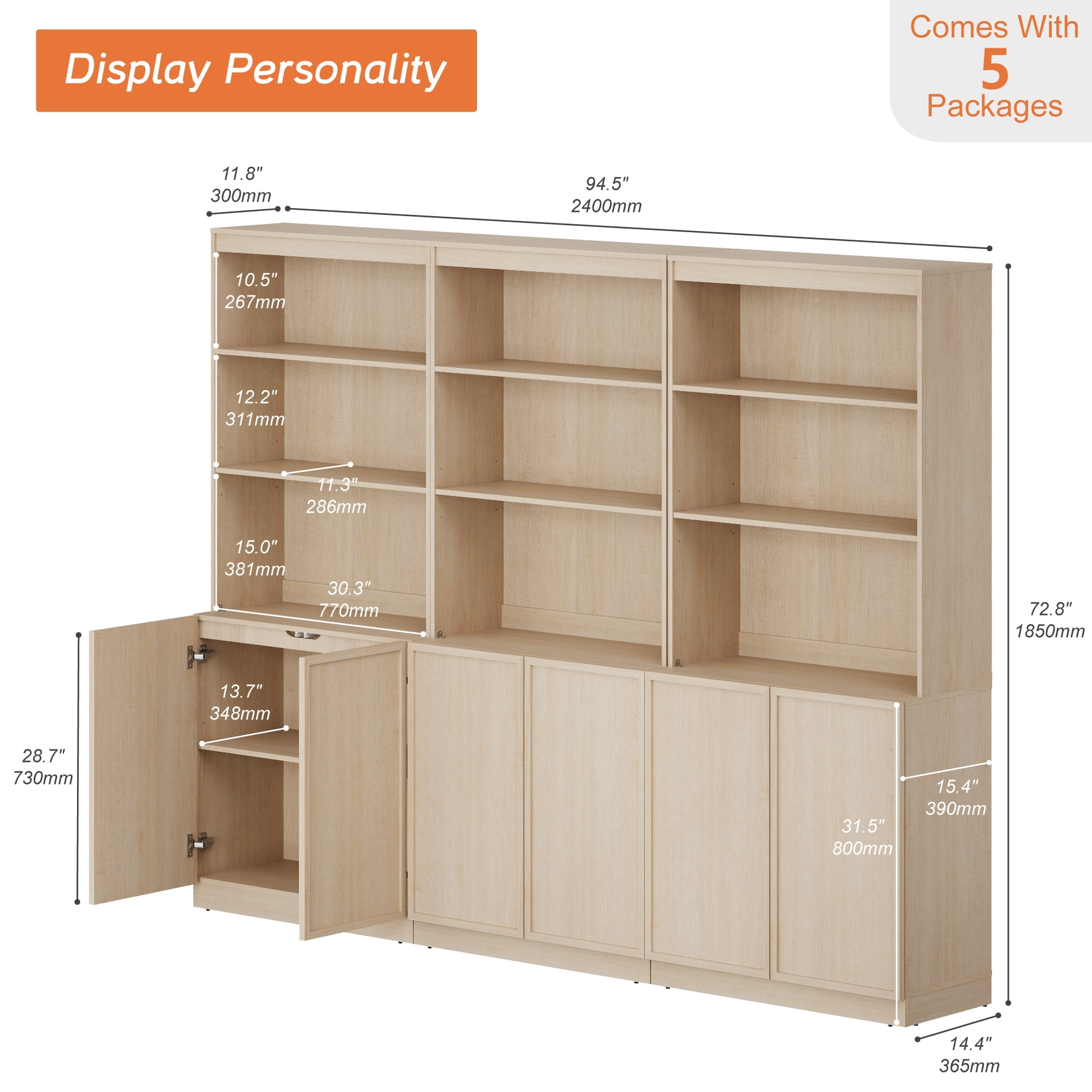 Modern 72" Tall Bookshelf with Storage Cabinet and Open Book Shelves, Wood Book shelf for Home Office, Living room,Beige