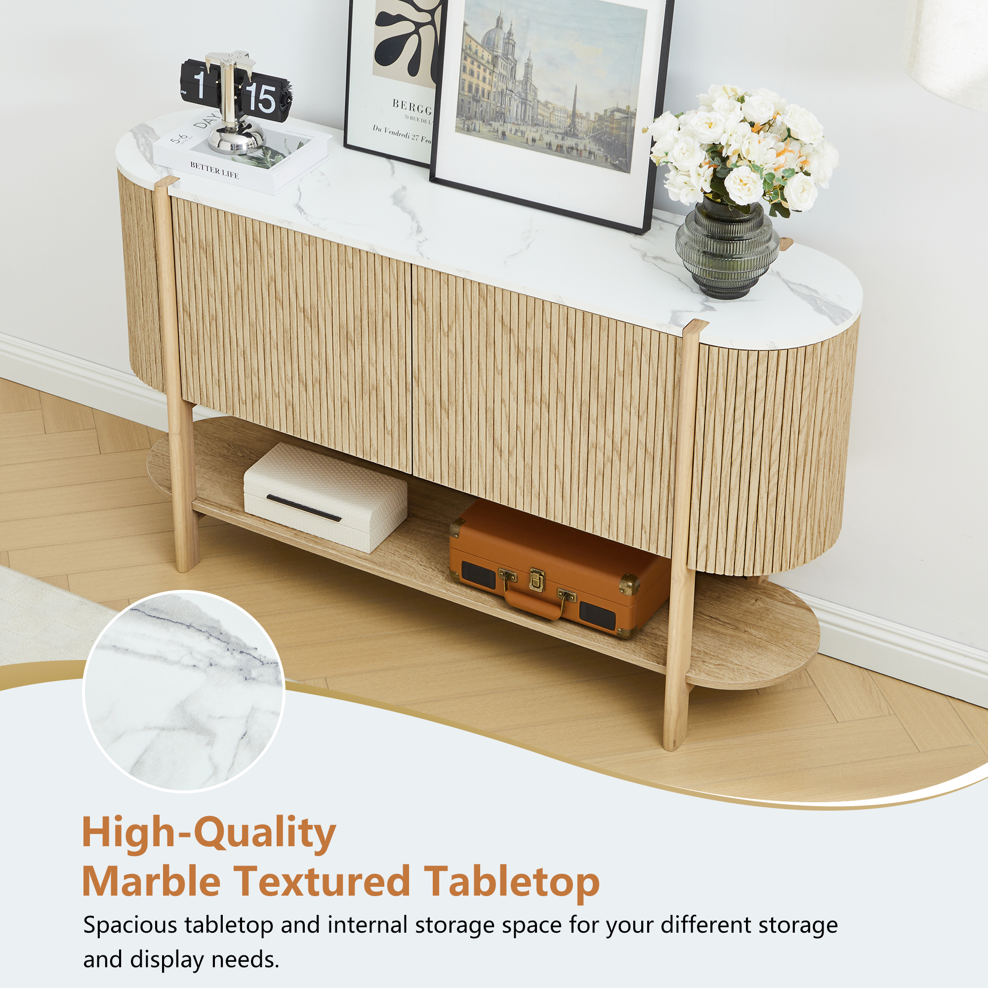 PHOYAL 54" Fluted Oval Console Table Sofa Table with 2 Doors and Marble Textured Tabletop, Modern Entryway Table Accent Table with Open Storage Shelves for Living Room Hallway Bedroom, Oak