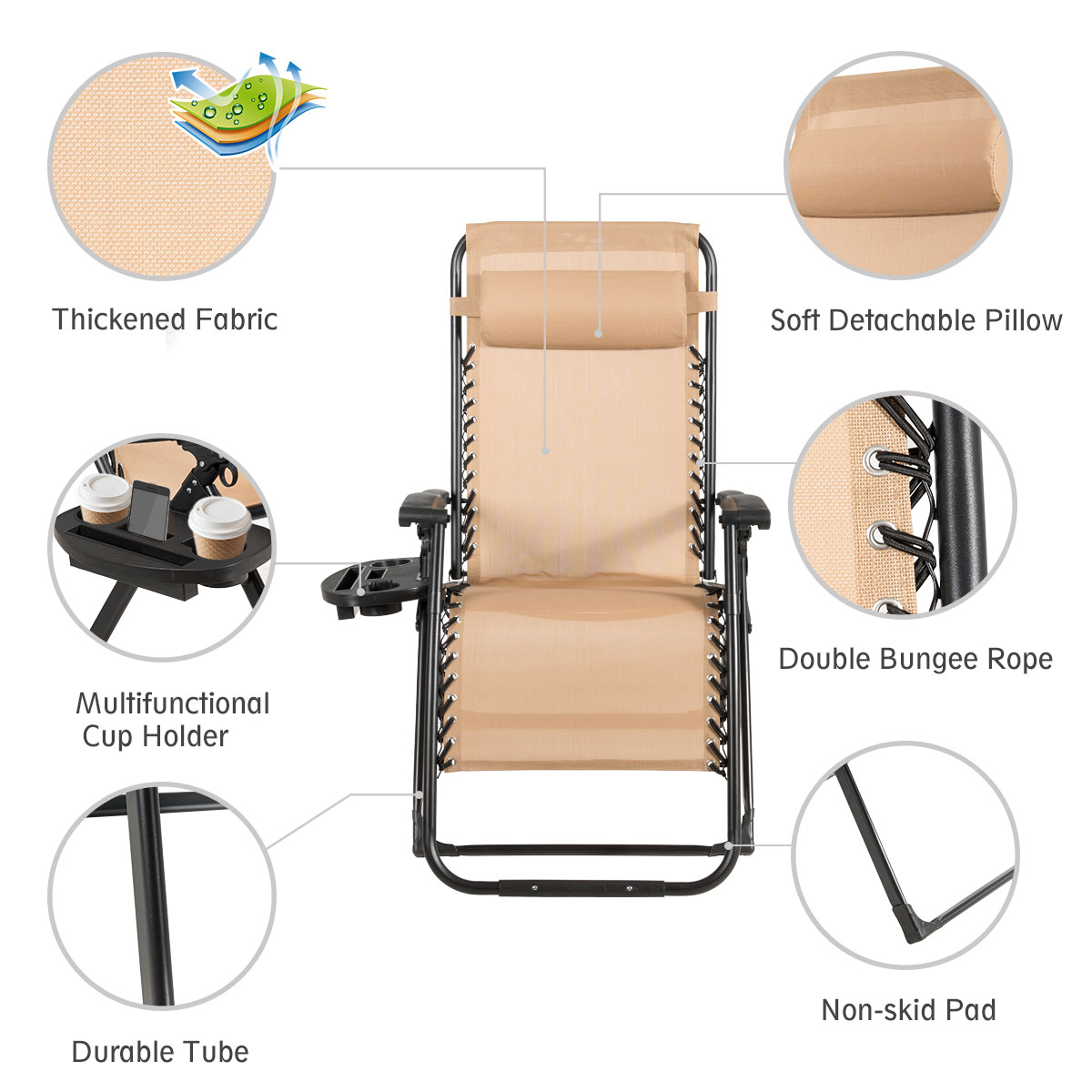 Costway Zero Gravity Chair Oversize Lounge Chair Patio Heavy Duty Folding Recliner Beige - image 5 of 8