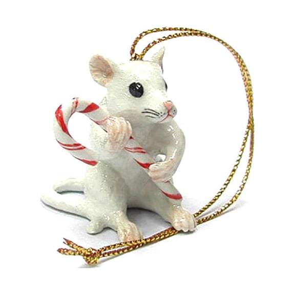 Northern Rose White Mouse Candy Cane Hand-painted - Decorative Figurine Christmas Ornament - Miniature Porcelain Figurine