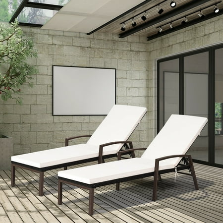 2PCS Patio Rattan Lounge Chair Chaise Recliner Back Adjustable