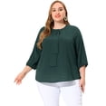 thumbnail image 3 of Plus Size Chiffon Top for Women Round Neck Tie Front Ruffle Work Blouse Top Dark Green 1X, 3 of 6