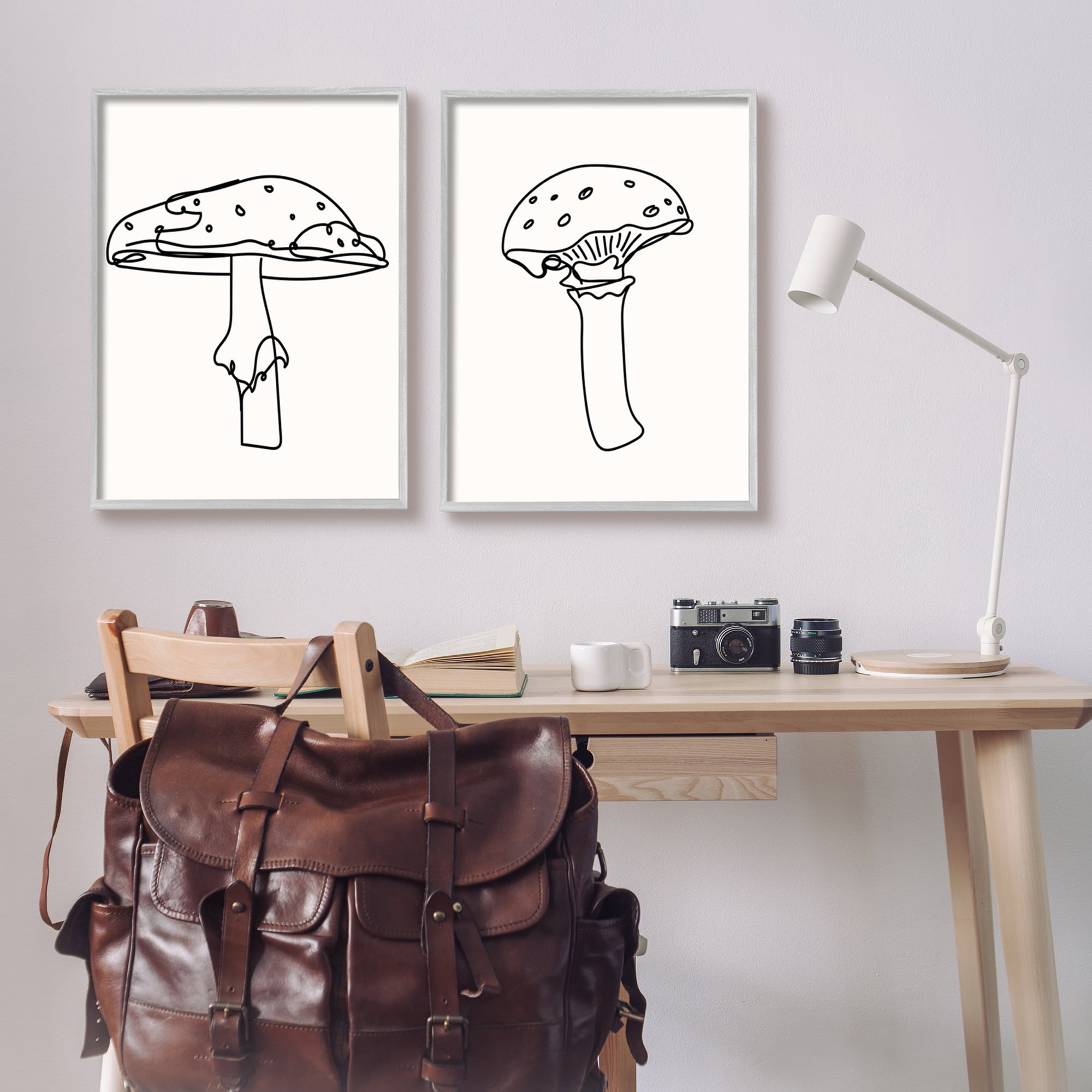 Stupell Industries Mushroom Line Doodles Botanical & Floral Painting Gray Framed Art Print Wall Art, 24 x 30, Set of 2