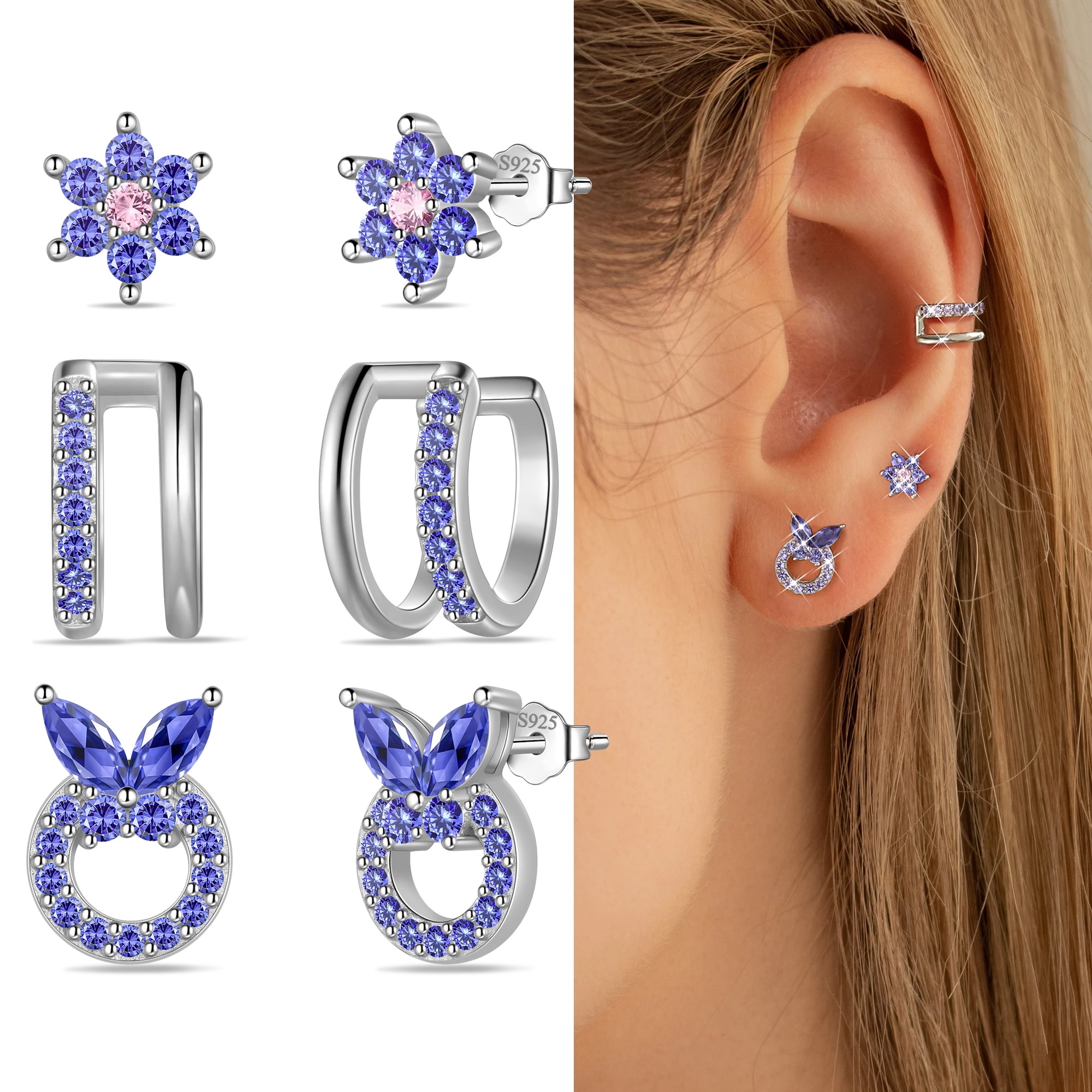 Beautlace 3 Pairs 925 Sterling Silver Butterfly Birthstone Earrings Set for Women, Flower Studs and Ear Cuffs Jewelry Set Birthday Christmas Anniversary Gift for her