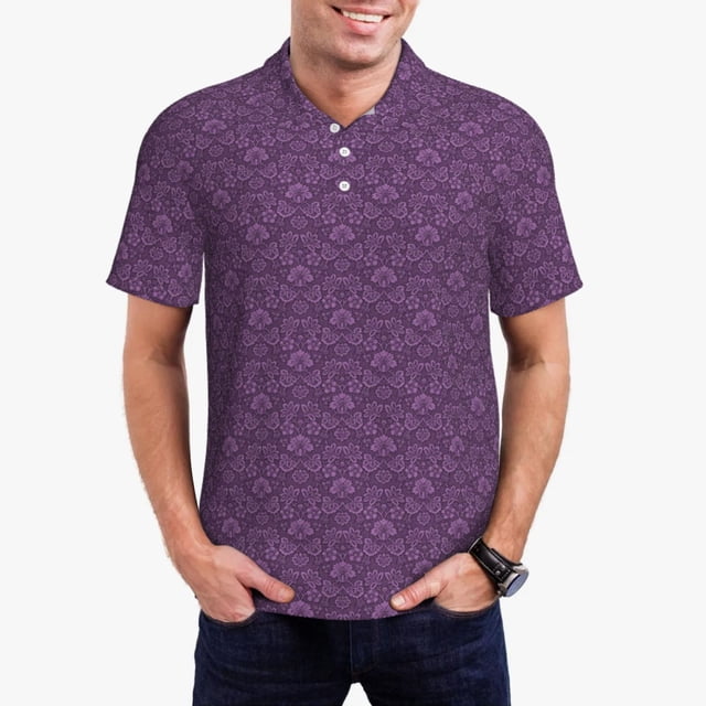 Bingfone Retro Florals Purple for Men's Button-down POLO Shirts, Quick-drying Shirts and T-shirts for Summer, Suitable for Vacation and Business-Large