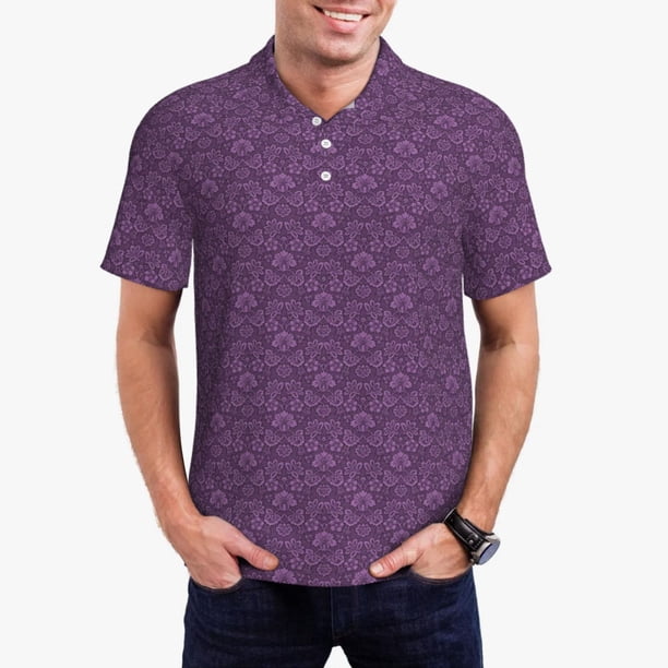 Fotbe Retro Florals Purple Camiseta Polo de Golf para Hombre con Estampado – Camisa Deportiva Transpirable con Cuello Abotonado-Large