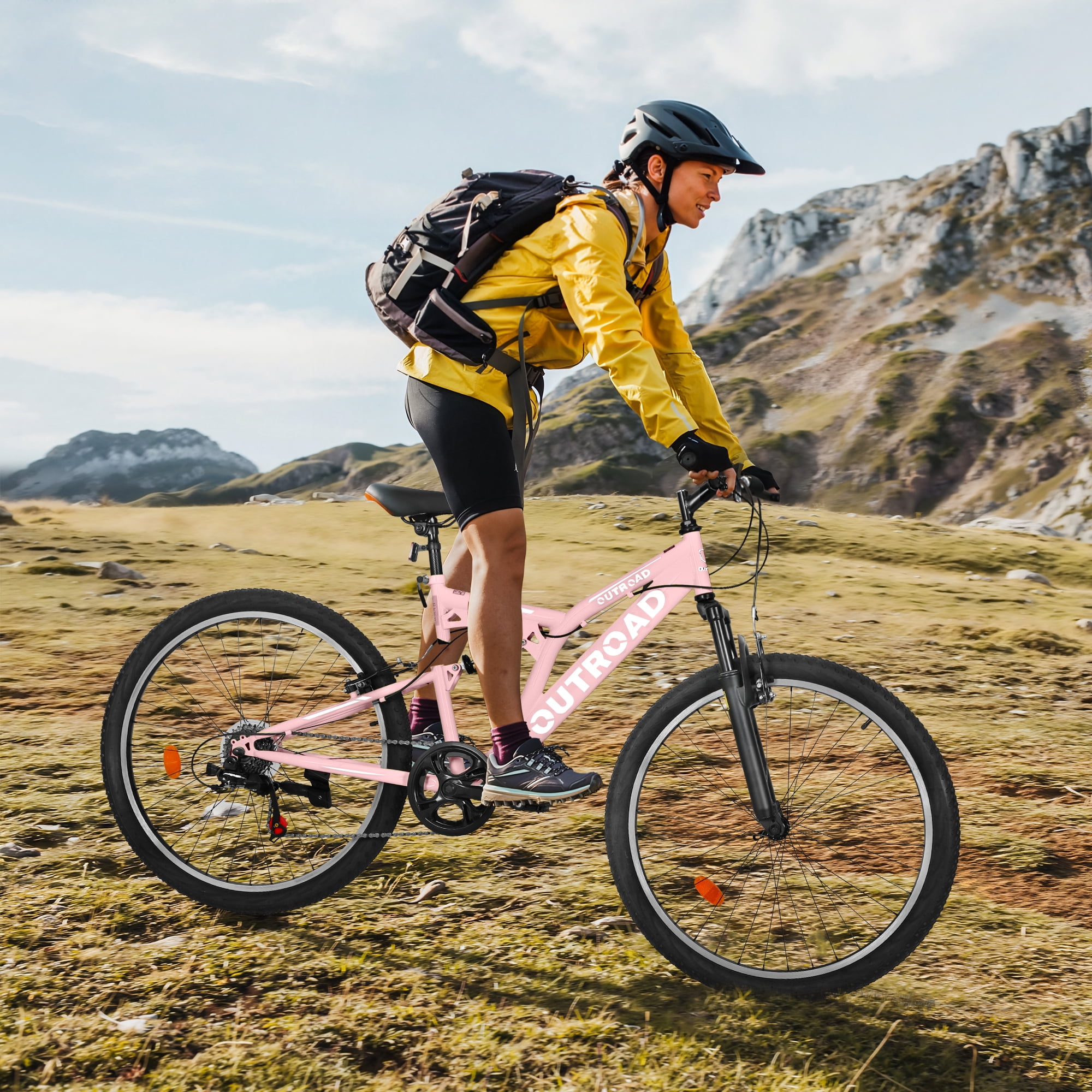 Marknig 26 inch Mountain Bike, 7 Speed Adult Bicycle with High-Carbon Steel Frame, Dual Disc & V-Brakes, Adjustable Seat for Men and Women,MTB with Shock Absorption System, Pink